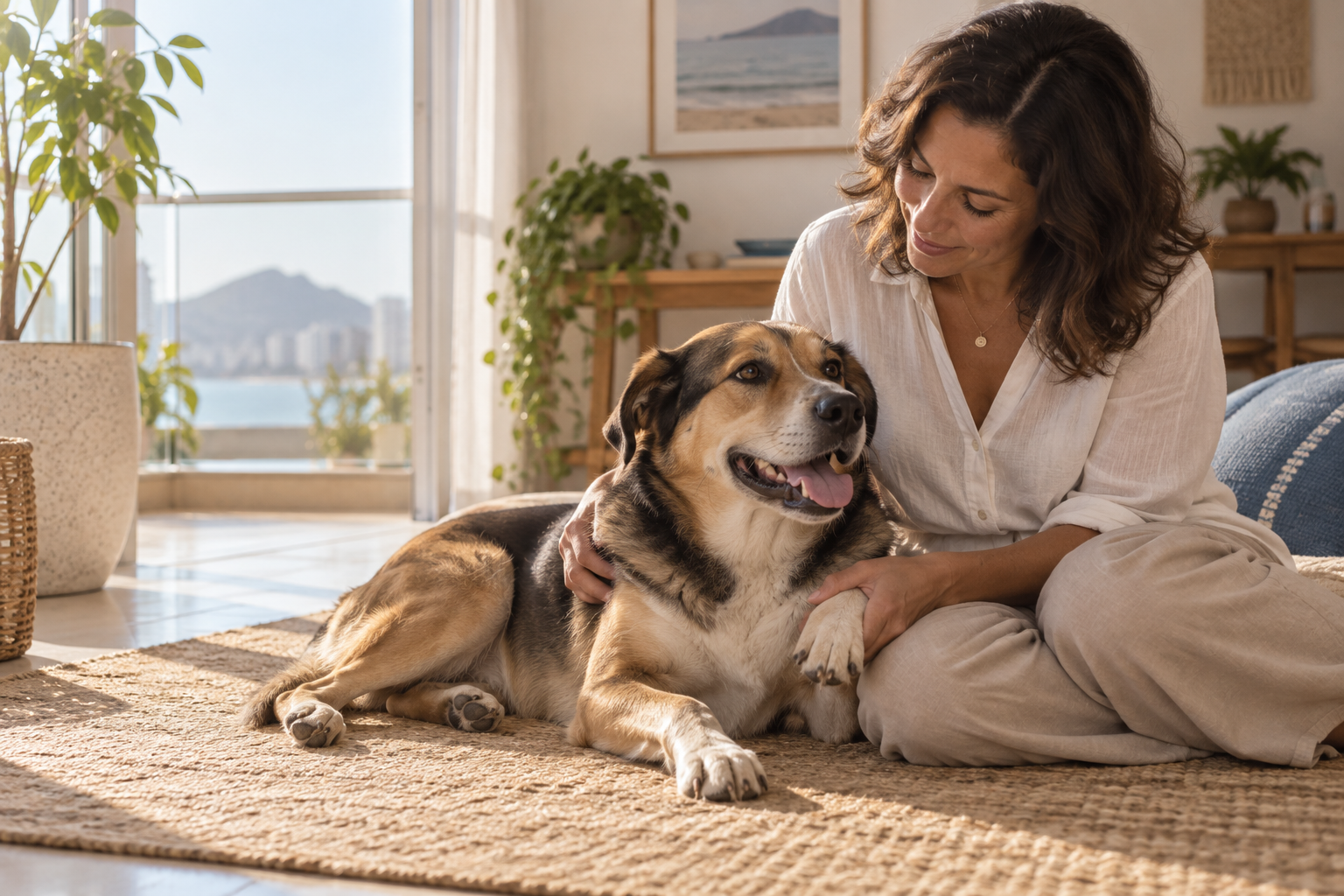 Tutora compartilha um momento tranquilo com seu cão em casa