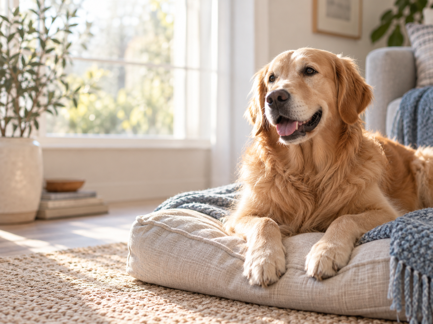 Golden retriever adulto descansa com tranquilidade em uma sala iluminada
