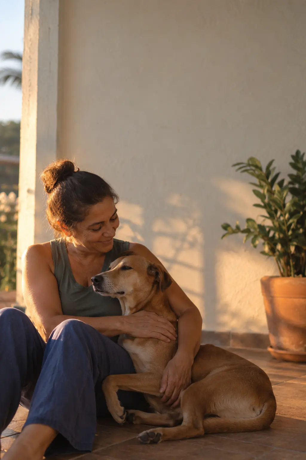 Tutora sentada na varanda, abraçando o cachorro e olhando para ele