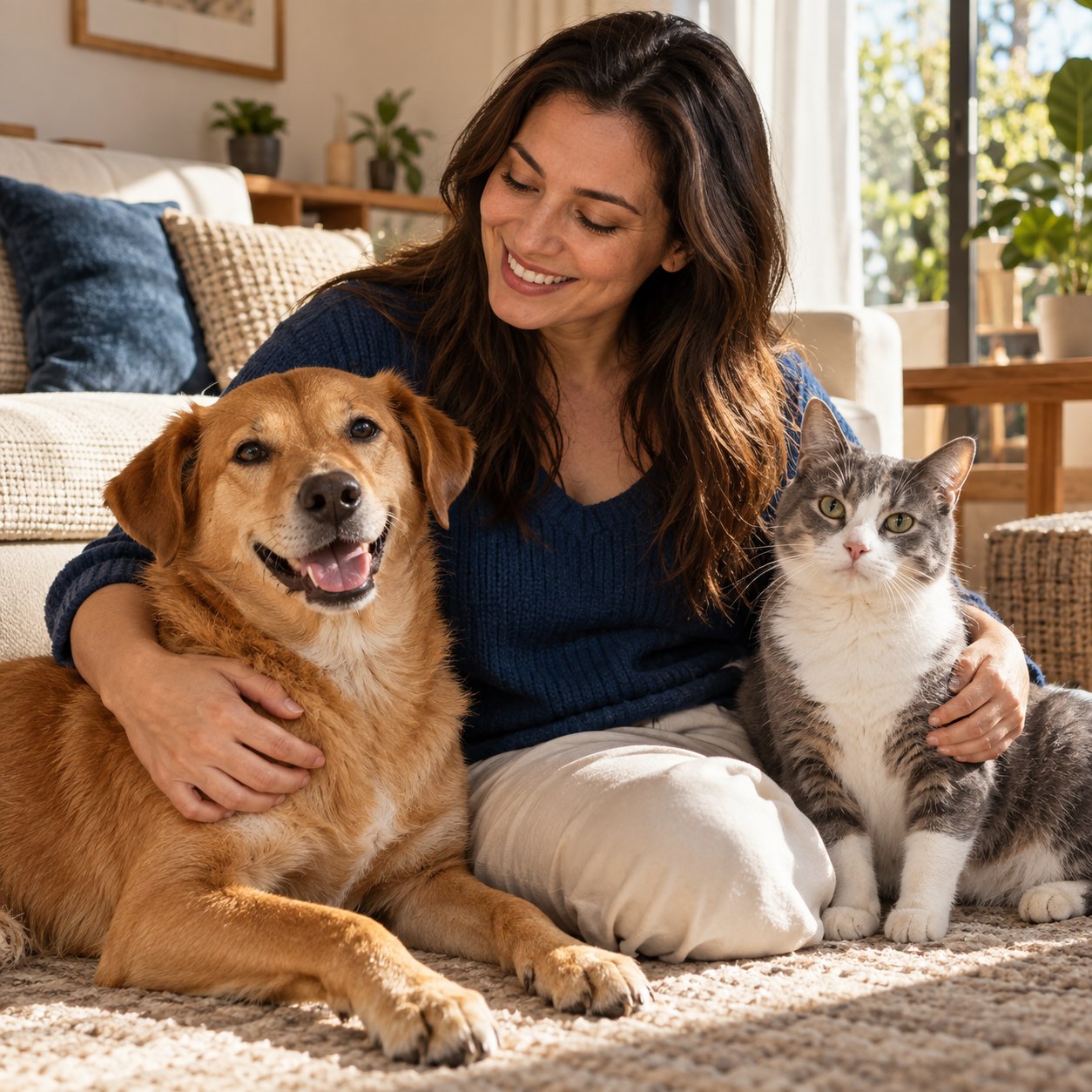 Pessoa em casa ao lado de um cachorro caramelo e um gato cinza e branco.
