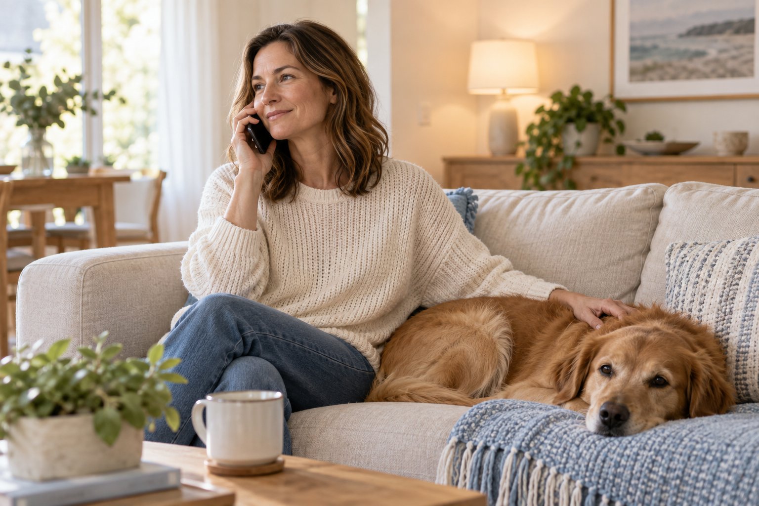 Tutora conversa ao telefone em casa enquanto seu cão descansa ao lado dela