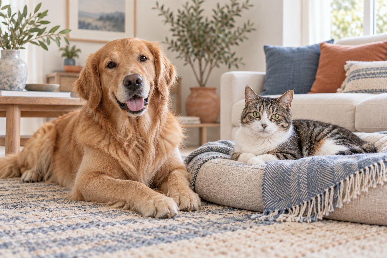 Cão e gato adultos descansam em uma sala iluminada